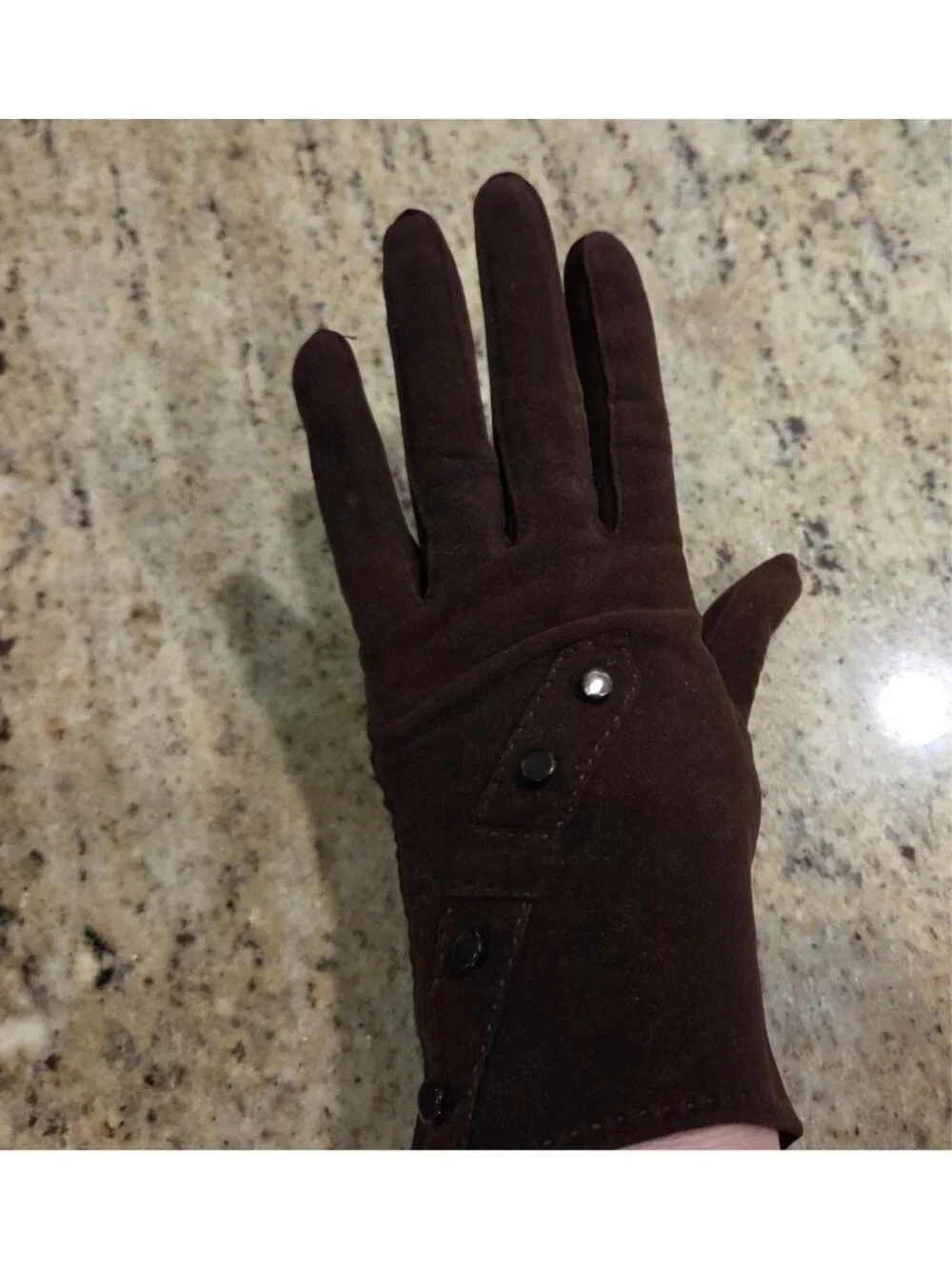 Vintage Womens Size S 6.5 Brown Suede Leather Gloves Strap Belt Look